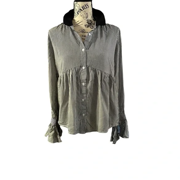 Hem & Thread NWT black and white button down tie bell sleeve size small shirt - Picture 2 of 10